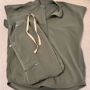 Figs Olive Green Scrub Top and Pants Set with Tan Drawstrings